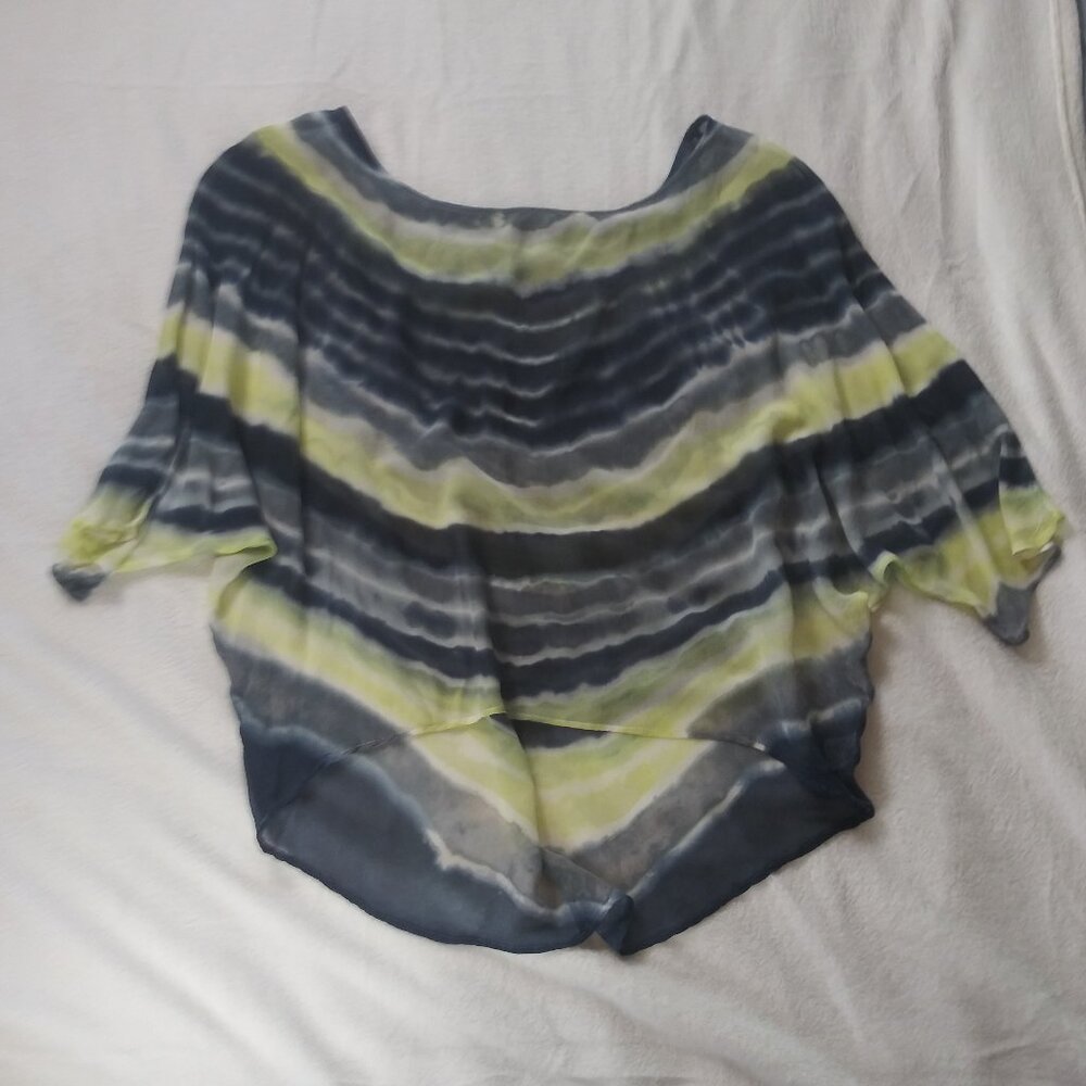 Gypsy 05 100% Silk Top Blue White Lime Green Tie Dye Sheer Hi-Lo Size L NWOT